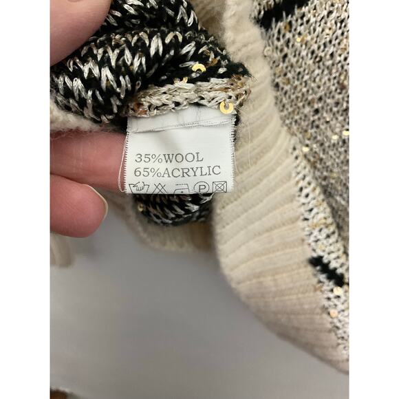 Grifflin Paris Wool Blend Sequin & Stars Black Gold Sweater Ribbed Trim Sz L - Picture 6 of 6